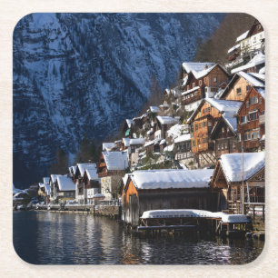 Porta-copo De Papel Quadrado Casas de madeira ao largo de Hallstatt, Áustria