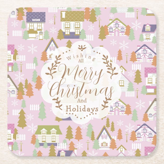 Porta-copo De Papel Quadrado Casas de Natal Rosa (Frente)