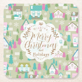 Porta-copo De Papel Quadrado Casas de Natal Verde