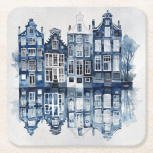Porta-copo De Papel Quadrado Casas tradicionais do estilo Delft azul e branco
