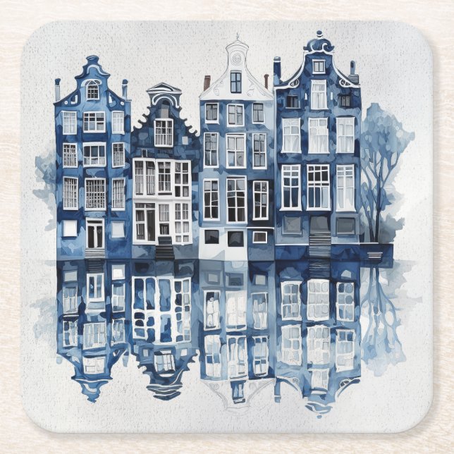 Porta-copo De Papel Quadrado Casas tradicionais do estilo Delft azul e branco (Frente)