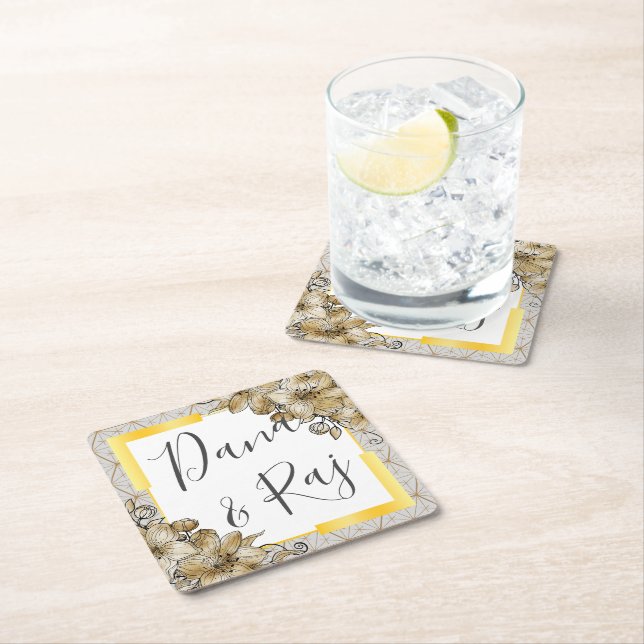 Porta-copo De Papel Quadrado Castanho e Cinza com Dourada Geometria Floral (Insitu)