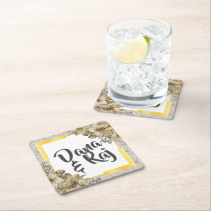 Porta-copo De Papel Quadrado Castanho e Cinza com Dourada Geometria Floral