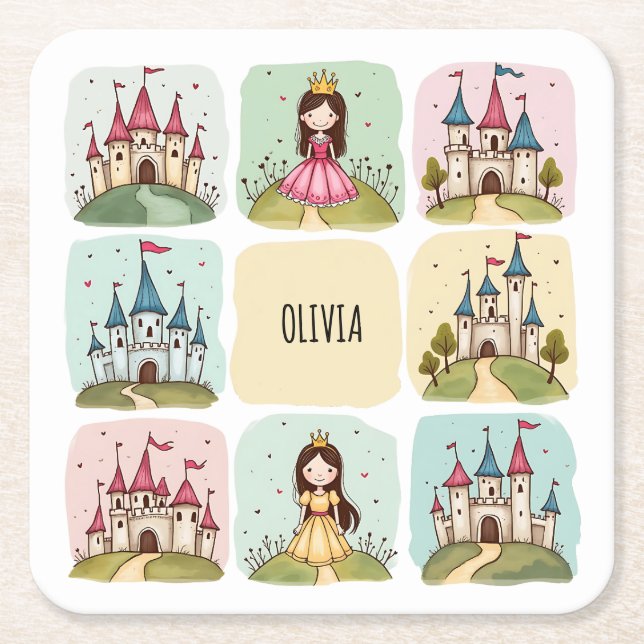 Porta-copo De Papel Quadrado Castelo de Leite Adorável e Doodles Princesas (Frente)