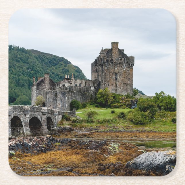 Porta-copo De Papel Quadrado Castelo Eilean Donan, Loch Duich - Escócia, Reino  (Frente)
