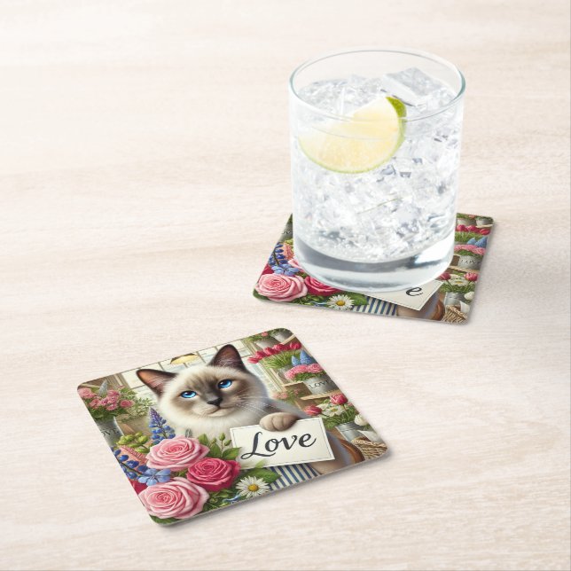 Porta-copo De Papel Quadrado Cat Florist com cartão de amor (Insitu)