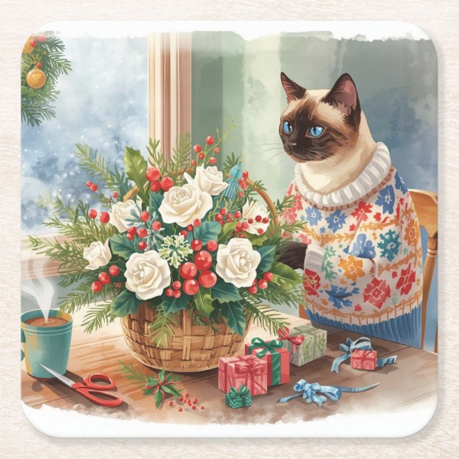 Porta-copo De Papel Quadrado Cat is arranging Christmas Flowers (Frente)