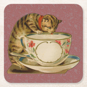 Porta-copo De Papel Quadrado Cat Teacup Cute Vintage Victorian