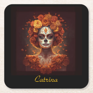 Porta-copo De Papel Quadrado Catrina Marigold Personalizada Día de los Muertos