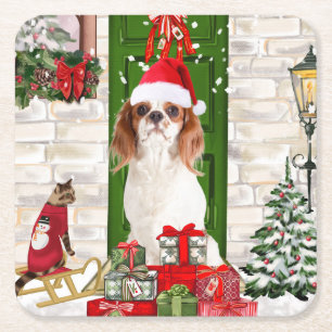 Porta-copo De Papel Quadrado Cavalier King Dog Christmas