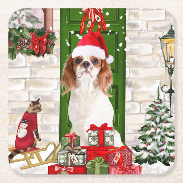 Porta-copo De Papel Quadrado Cavalier King Dog Christmas (Frente)