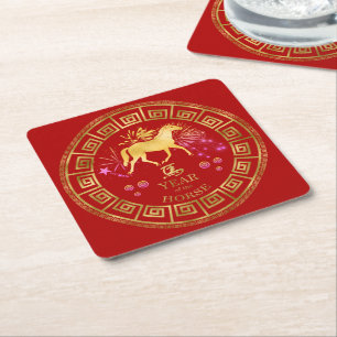 Porta-copo De Papel Quadrado Cavalo chinês do zodíaco vermelho/ouro ID542