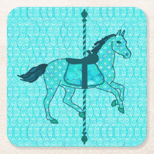 Porta-copo De Papel Quadrado Cavalo de Carrossel - Turquesa e Água