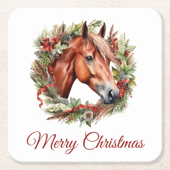 Porta-copo De Papel Quadrado Cavalo de castanha e passas de Natal Aquarela (Frente)