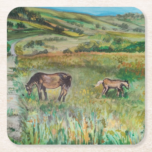 Porta-copo De Papel Quadrado Cavalos no prado (Frente)