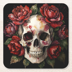Porta-copo De Papel Quadrado Caveira com Rosas vermelhas