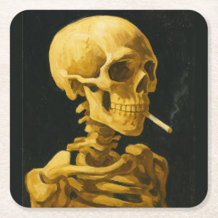 Porta-copo De Papel Quadrado Caveira Dourada Fumando – Única Inspirada em Van G