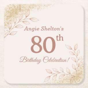 Porta-copo De Papel Quadrado Celebração de 80 Anos em Rosa Dourado Elegante