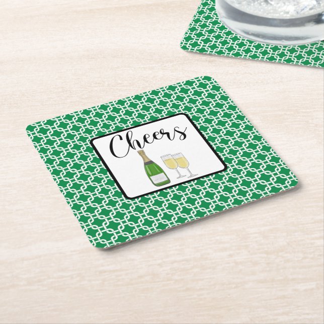 Porta-copo De Papel Quadrado Celebração de Vidros de Champanhe em Script Cheers (Inclinado)