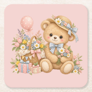 Porta-copo De Papel Quadrado Celebração do Urso de Pelúcia Vintage com Flores S