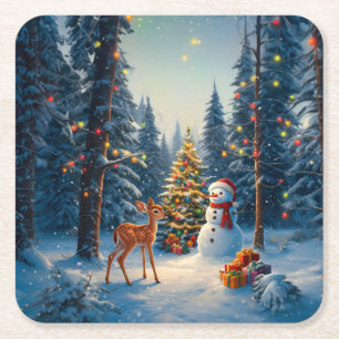 Porta-copo De Papel Quadrado Cena da Árvore de Natal Fofo Deer Fawn Snowman