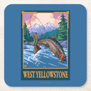 Porta-copo De Papel Quadrado Cena da pesca com mosca - Yellowstone ocidental