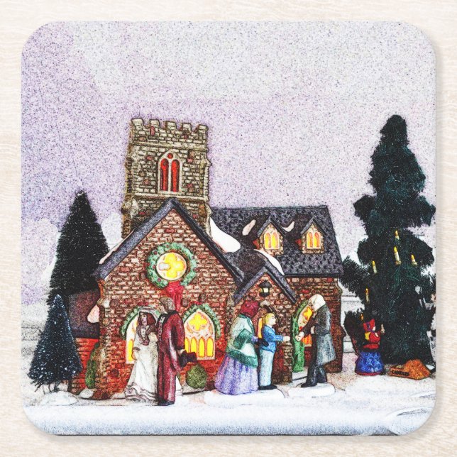 Porta-copo De Papel Quadrado Cena da Vila Holiday (Frente)