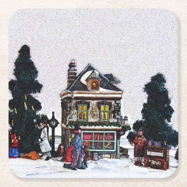 Porta-copo De Papel Quadrado Cena da Vila Holiday (Frente)