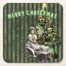 Porta-copo De Papel Quadrado Cena de Feriado da Garota e Árvore Vintage