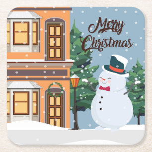 Porta-copo De Papel Quadrado Cena de inverno de Neve Feliz Natal