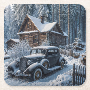 Porta-copo De Papel Quadrado Cena de Inverno de uma Cabana Nevada nos Bosques