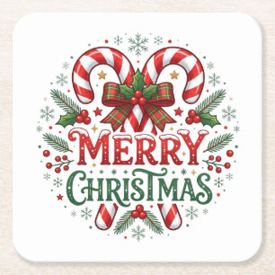 Porta-copo De Papel Quadrado Cena de Natal com Bastão de Doces