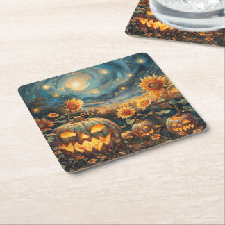 Porta-copo De Papel Quadrado Cena de outono com Jack-o-lanternas e girassóis