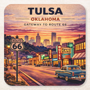 Porta-copo De Papel Quadrado Cena de viagem vintage pela Rota 66 em Tulsa Oklah