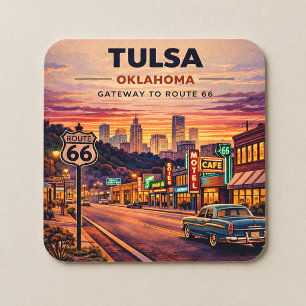 Porta-copo De Papel Quadrado Cena de viagem vintage pela Rota 66 em Tulsa Oklah