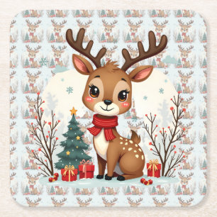 Porta-copo De Papel Quadrado Cena Fofa de Rena de Natal na Floresta Nevada