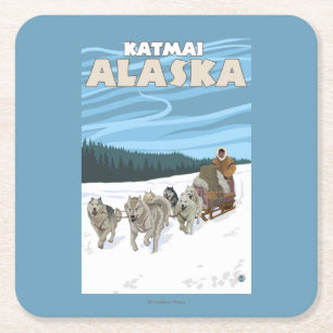 Porta-copo De Papel Quadrado Cena Sledding do cão - Katmai, Alaska