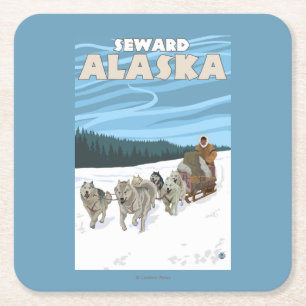 Porta-copo De Papel Quadrado Cena Sledding do cão - Seward, Alaska