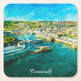 Porta-copo De Papel Quadrado Cenário Costeiro de Cornwall Inglaterra Pintura a