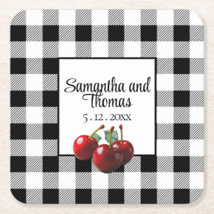 Porta-copo De Papel Quadrado Cerejas Vintage gingham preto e branco