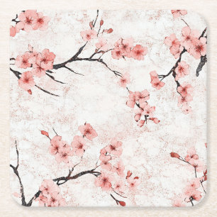 Porta-copo De Papel Quadrado Cerejeiras Rosa e Branca em Azul Marinho Personali