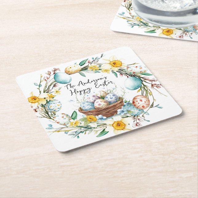Porta-copo De Papel Quadrado Cesto com ovos e Páscoa floral (Inclinado)
