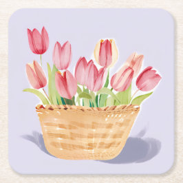 Porta-copo De Papel Quadrado Cesto de Tulipas | Pintura em Aquarela Floral