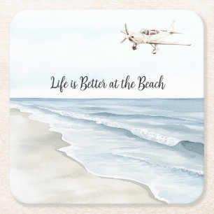 Porta-copo De Papel Quadrado Céu Azul Avião Branco Praia Oceano Costa