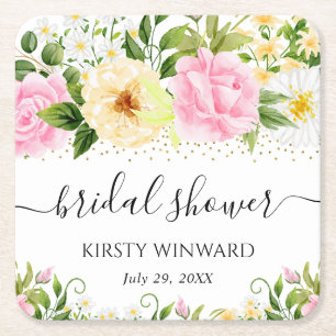 Porta-copo De Papel Quadrado Chá de Bebê de Flores Amarelas e Rosas em Aquarela