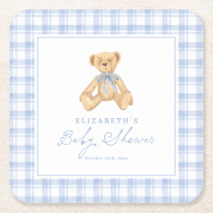 Porta-copo De Papel Quadrado Chá de Bebê do Urso Teddy Vintage Xadrez Azul