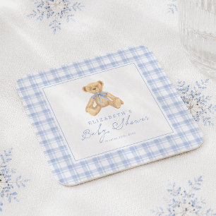 Porta-copo De Papel Quadrado Chá de Bebê do Urso Teddy Vintage Xadrez Azul