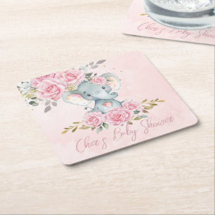 Porta-copo De Papel Quadrado Chá de Bebê Elefante Floral Rosa Bebê