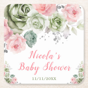 Porta-copo De Papel Quadrado Chá de Bebê Floral Rosa e Verde Salvia
