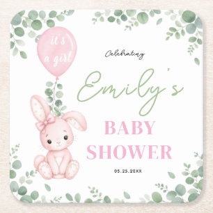 Porta-copo De Papel Quadrado Chá de Bebê Menina Little Bunny Eucalipto